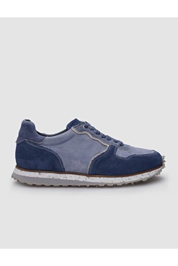 Cabani %100 Hakiki Deri Mavi Süet Bağcıklı Erkek Sneaker
