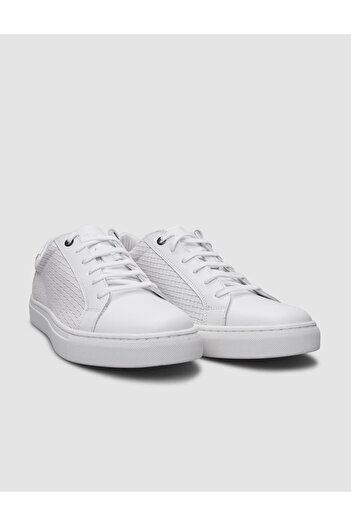 Cabani White Square Patterned 100% Genuine Leather Men's Sneakers - Lace-up