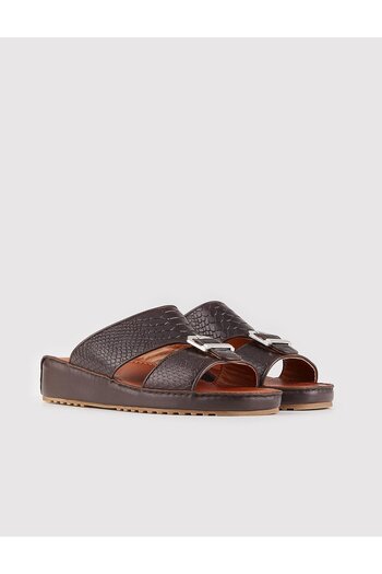 Cabani Men's Genuine Leather Brown Slippers with Buckle Detail