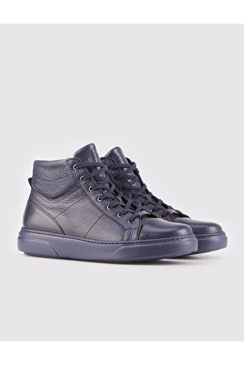 Cabani Lace-up Zippered Genuine Leather Navy Blue Men's Casual Boots