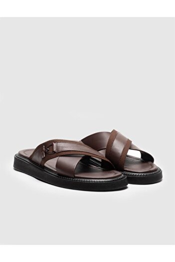 Cabani Genuine Leather Brown Belted Men's Casual Slippers