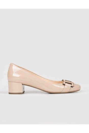 Cabani Patent Leather Genuine Leather Beige Women's Thick Heeled Shoes
