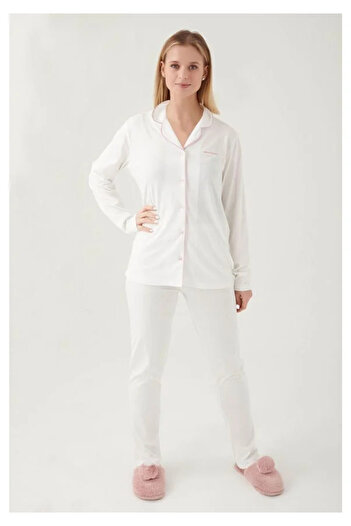 Pierre Cardin Women's Cream-Colored Cotton Modal Pajamas Set - Tall Placket, Boxed Q8.U.8O.K2.K.A8.P.C