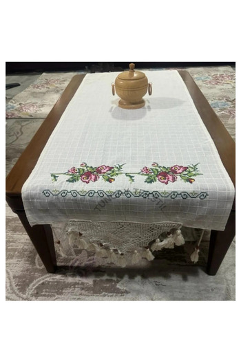 TUNCAY TEKSTİL Hand Lace Tasseled Cross Stitched Runner Ranir Cover Buldan Work Monika