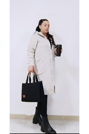 AKŞEN GİYİM Large Size Bucket Fabric 100 cm Size Zip Closure Two Pocket Long Coat