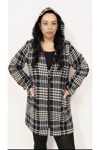 AKŞEN GİYİM Large Size Plaid Patterned Spoon Woven Zippered 75 cm Size Hooded Women's Jacket