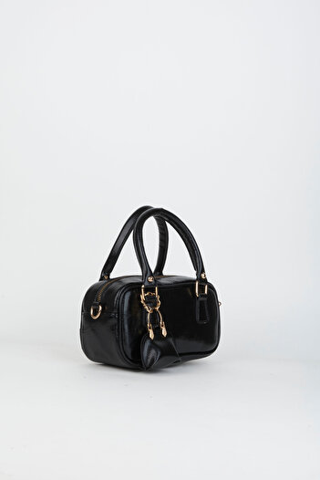 Vivaq Women's Tulip Black Bag Charm Detailed Patent Leather Zipper Closure Handbag and Shoulder Bag