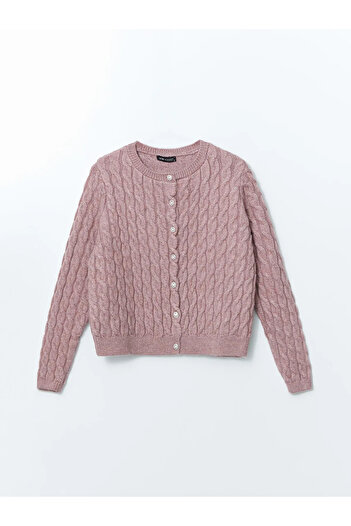 LC Waikiki Modest Pink Crew Neck Self Patterned Women's Knitwear Cardigan