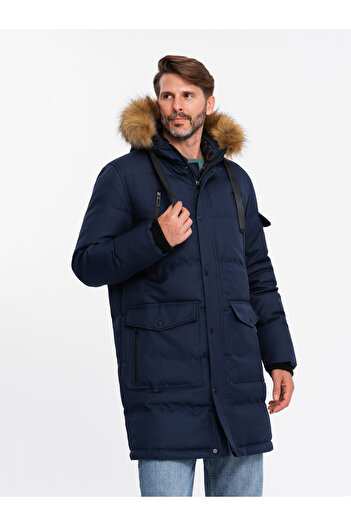 OMBRE Ανδρικό μακρύ ζεστό μπουφάν με κουκούλα parka - navy blue V1 OM-JALJ-0182 L