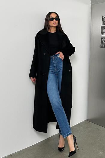 Olcay Black Oversize Coat with Embroidery Detail - 3085