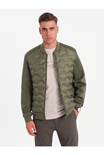 OMBRE Pánský prošívaný bomber - tmavě olivově zelená V3 OM-JALP-0141 XXL