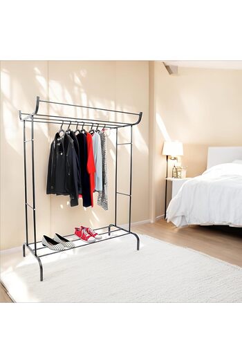 Taimi Modern Black Metal Clothes Rack with,Sturdy Tubes,and Practical Shelves for Organized Storage