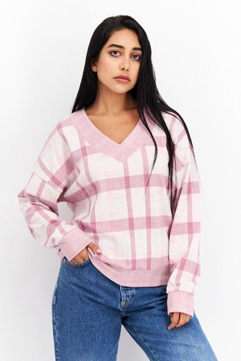 Felina Women V-Neck Checkered Sweatshirt, Purple