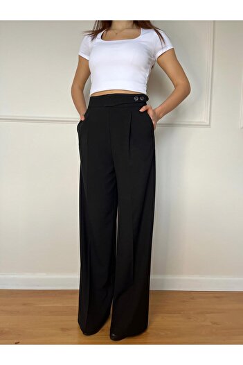 Butik Women's Black Button Detailed Loose and Cut Palazzo Trousers