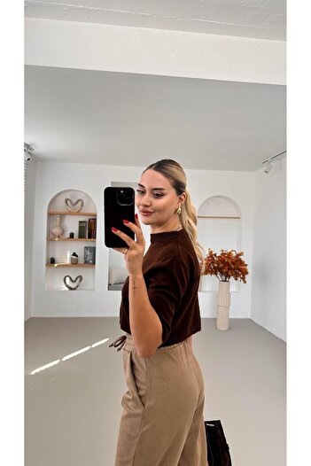 Sezgi Tekin Premium Σειρά Κοντό μανίκι Bitter Brown Knitwear Πουλόβερ