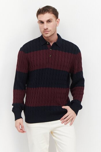 Perry Ellis Men Spread Collar Knitted Rugby Polo Sweater, Maroon