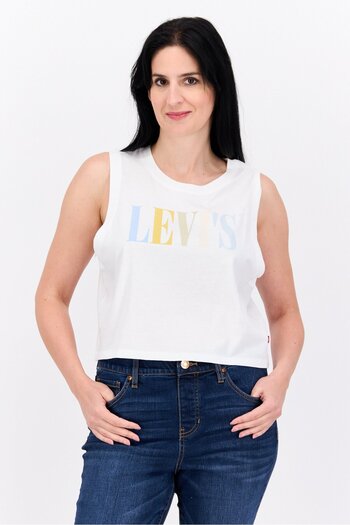 Levi's Women Round Neck Sleeveless Brand Logo Crop Tank Top, White Combo