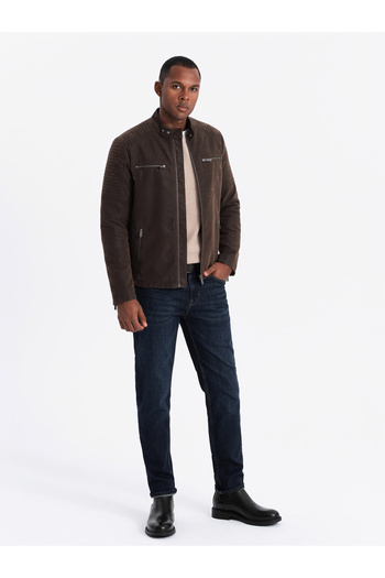 OMBRE Men's retro biker jacket with stand-up collar - brown V1 OM-JAFL-0197 XXL