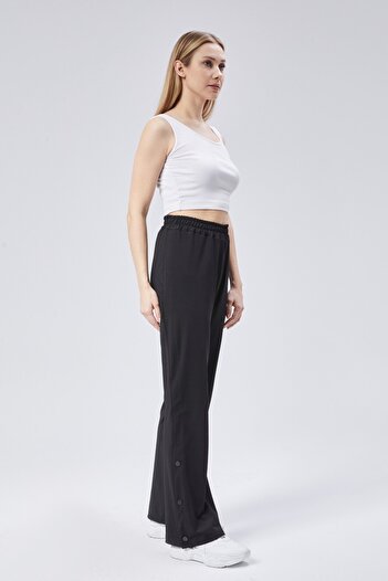 Grenj Fashion Black High Waist Leg Snap Wide Leg Sweatpants