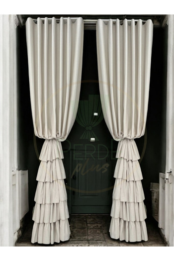 Perdeplus Buldan Cotton Ruffle Background Curtain, Beige Color, Layered Design, Single Wing