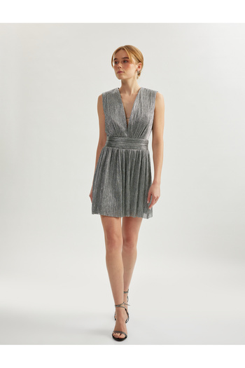 Koton Silvery V-Neck Low-Cut Sleeveless Flounces Mini Dress