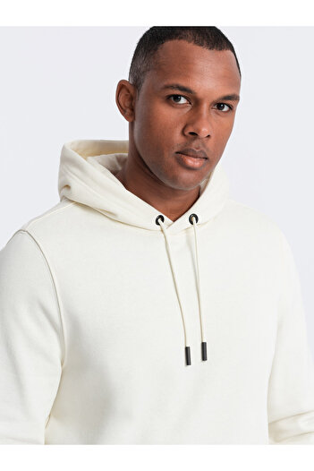 OMBRE Men's BASIC cotton kangaroo hooded sweatshirt - cream V5 OM-SSBN-0161 XL