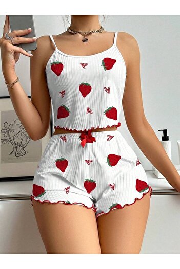 AURASTİL Women's Strappy Shorts Set Strawberry Camisole