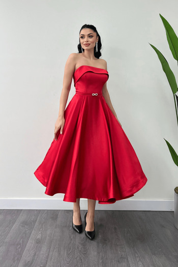 giyimmasalı Red Midi Dress - Satin Fabric, Rope Detail Back Design