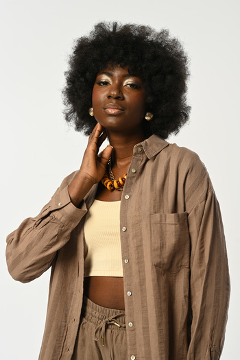 Orfeo Negro Women's Mink Color Oversized Shirt with Single Pocket Stripes
