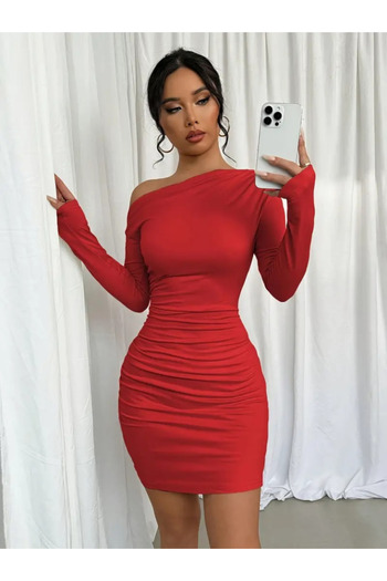 Viyamo New Season Women's Drawstring Detail One-Shoulder Off-The-Shoulder Mini Sandy Dress- Valentine's Day Collection