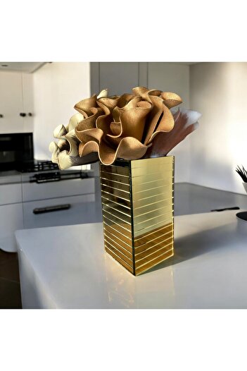 BeQ Home Square Bronze Mirrored Vase 20cm - Decorative Horizontal Striped Bronze Mirrored Vase