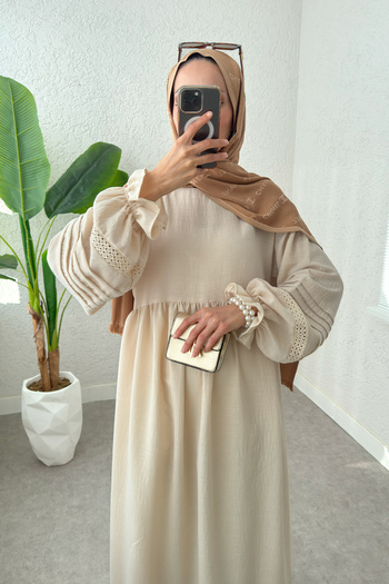 Salih Çelebi Hijab Dress with Scalloped Detail 2207 - Stone Color