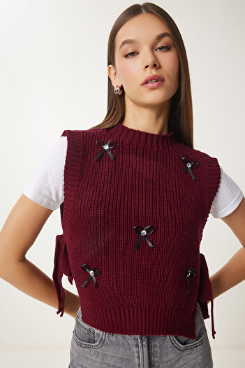 Lovelyİstanbul Burgundy Crop Knitwear Sweater - Bow and Tie Lmt0025