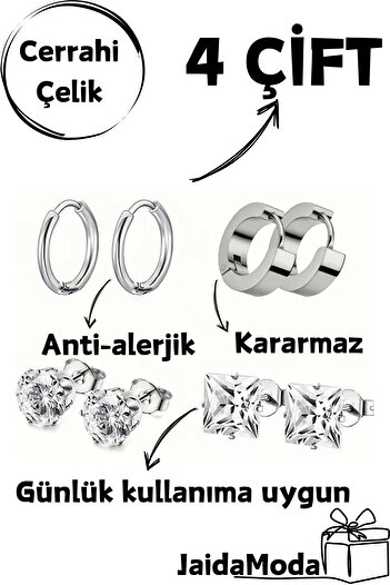 Jaida Moda Unisex Surgical Steel 4 Pairs Earrings Set