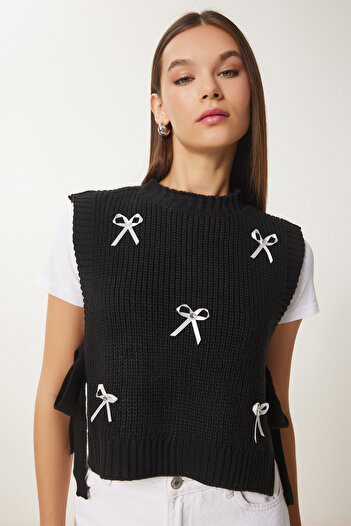 Lovelyİstanbul Black Crop Knitwear Sweater - Bow Detail, Tie Lmt0025