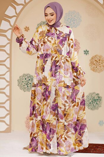 Neva Style Lilac Hijab Chiffon Dress - Floral Print, Model No: 23604Lila