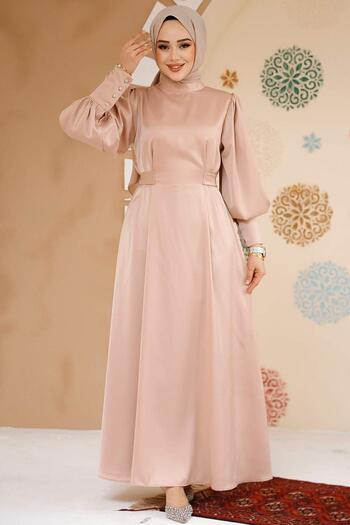 Neva Style Satin Beige Hijab Evening Dress 61651Beige