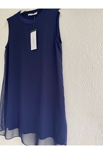 Puane Zero Sleeve Front Chiffon Detail Combed Cotton Underwear Tunic 10270 - Navy Blue