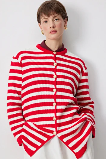 Touché Privé Gold Buttoned Striped Long Cardigan