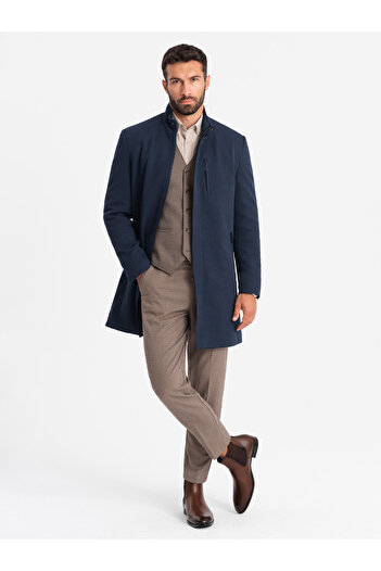 OMBRE Men's tailored structured coat with high collar - navy blue V2 OM-COWC-0117 XL