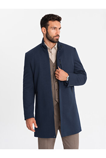 OMBRE Men's tailored structured coat with high collar - navy blue V2 OM-COWC-0117 XL
