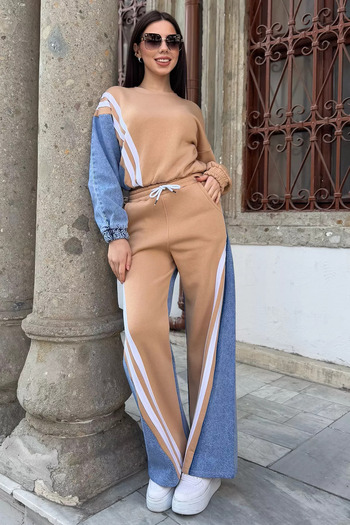GÜLSELİ Beige Jeans Garnished Sweat Pants Double Set