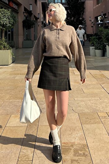 Madmext Mink Buttoned Polo Neck Women's Sweater Mg2307