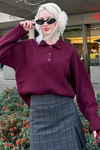 Madmext Burgundy Buttoned Polo Neck Women's Sweater Mg2307