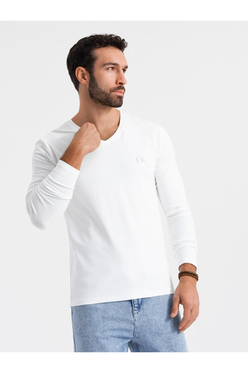 OMBRE Ανδρικό μακρυμάνικο με λαιμόκοψη SLIM FIT με ελαστάνη και στάμπα - λευκό V2 OM-LSBC-0123 S