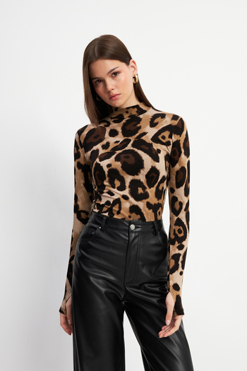 Bipantolon Women's Dark Brown Large Piece Leopard Patterned Finger Detailed Bodysuit