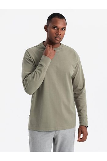 OMBRE Ανδρικό βαμβακερό μακρυμάνικο LOOSE FIT με στρογγυλή λαιμόκοψη - χακί V4 OM-LSBC-0129 M