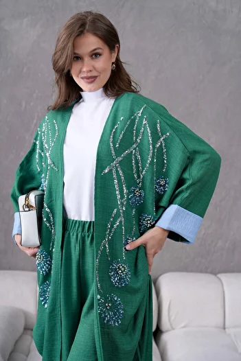 Miss Allos Women's Front Sequin Sequin Embroidered Stone and Pearl Detailed Linen Kimono and Trousers Bottom Top Set