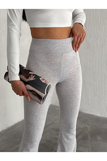 winmoda Light Gray Flared Leg Trousers / Flared Leg-Wide Belt Spanish Leggings Trousers