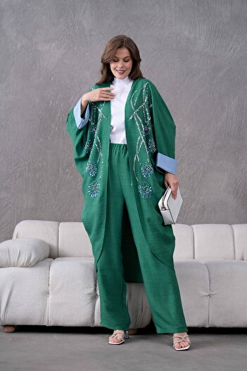 Miss Allos Women's Front Sequin Sequin Embroidered Stone and Pearl Detailed Linen Kimono and Trousers Bottom Top Set